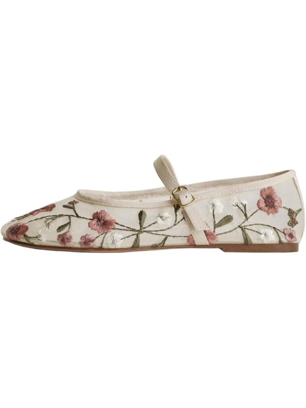 Floral Embroidered Mesh Ballet Flats for Women - Round Toe Mary Jane Style
